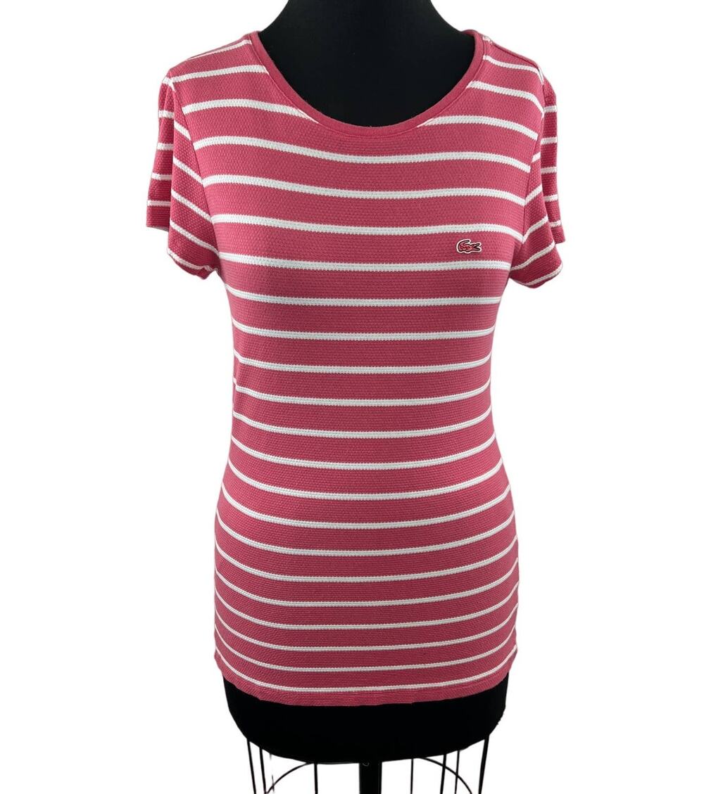 LACOSTE Women's Pink White Stripe Waffle Knit Crew Tee Short Sleeve Shirt 36 XS